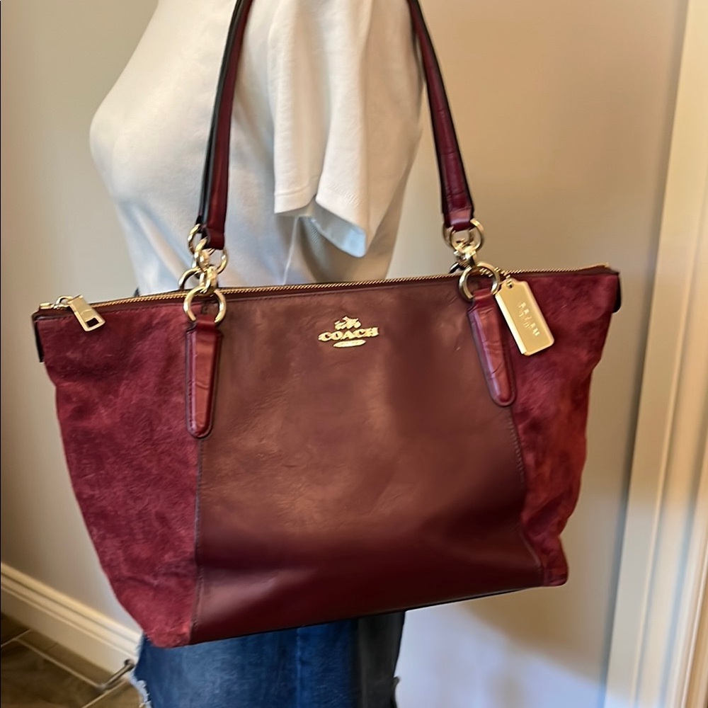 Coach Deep Red Leather and Suede Tote